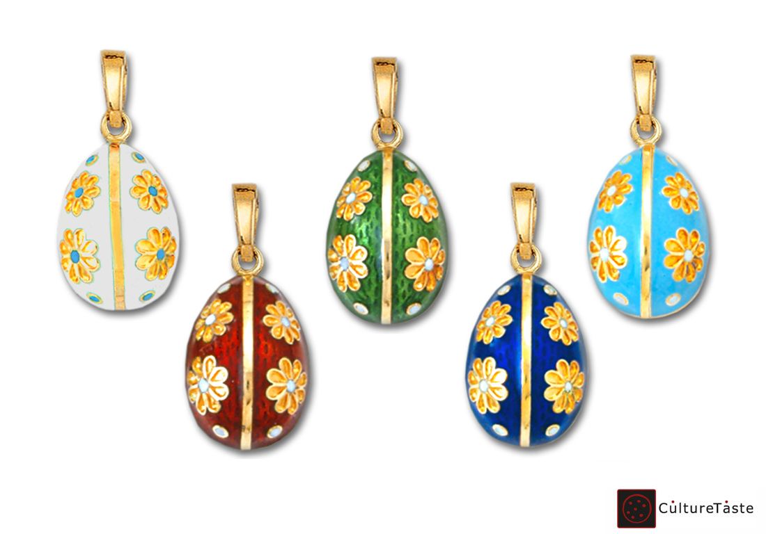 Egg Pendant with Flowers 14K Solid Gold and Hot Enamel B/Small