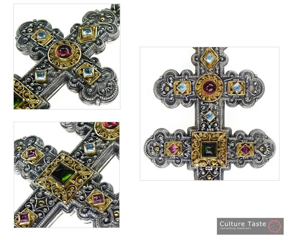 Gerochristo 5092 Gold & Silver Multicolor Byzantine Large Cross Pendant