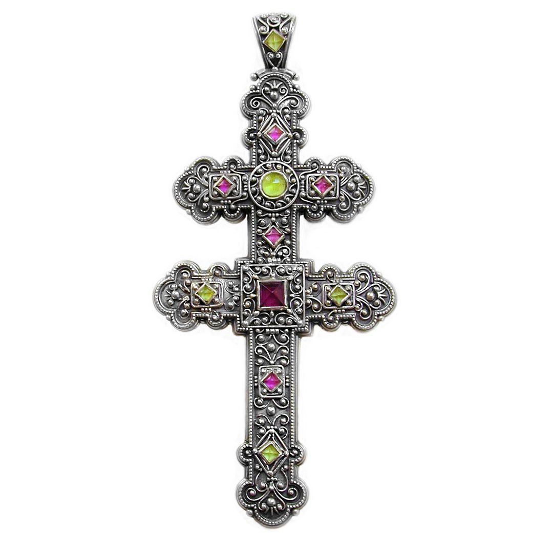 Gerochristo 5092 Gold & Silver Multicolor Byzantine Large Cross Pendant