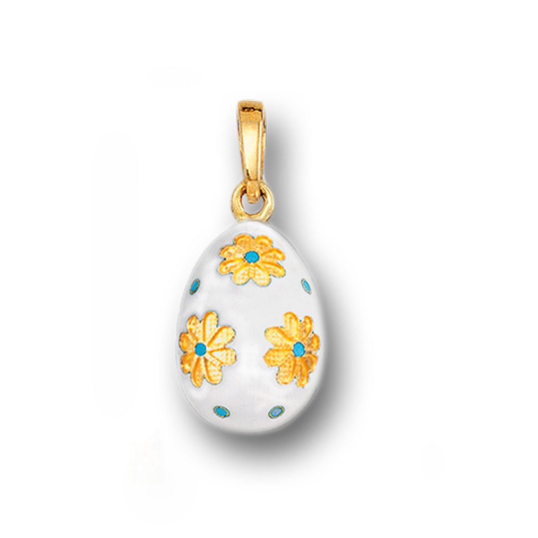 Egg Pendant with Flowers 14K Solid Gold and Enamel A/S White